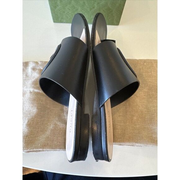 Gucci Black Leather GG Interlocking Cut Out Thong Sandals EU 38.5 US 8.5 - Picture 7 of 14